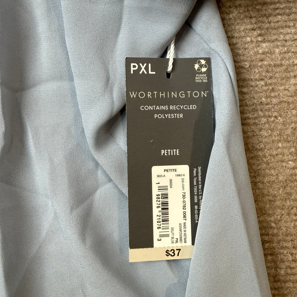 MSRP $37 Worthington Womens XL Petite Delft Blue Round Neck Blouse Short Sleeve