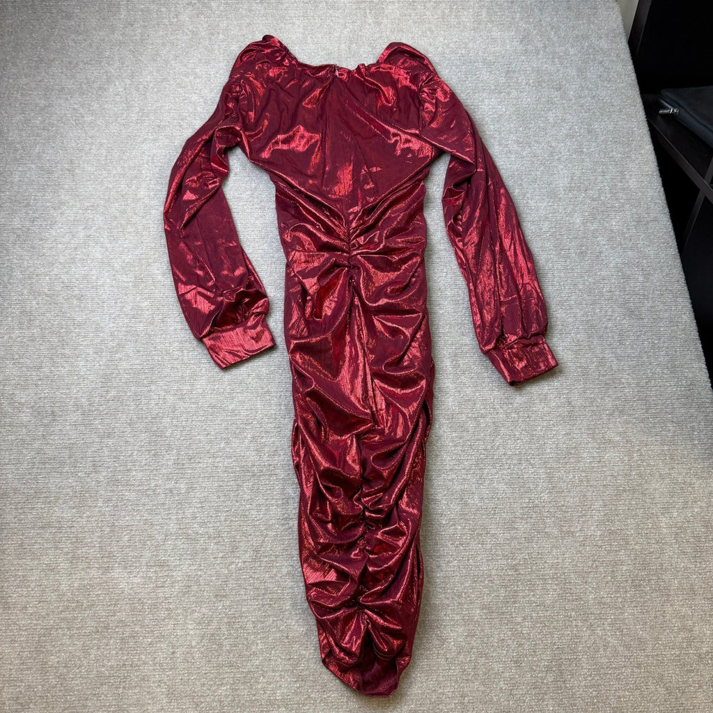 SeNight Women's L Burgundy Bodycon Dress Sexy Deep V Neck Long Sleeve Sparkly