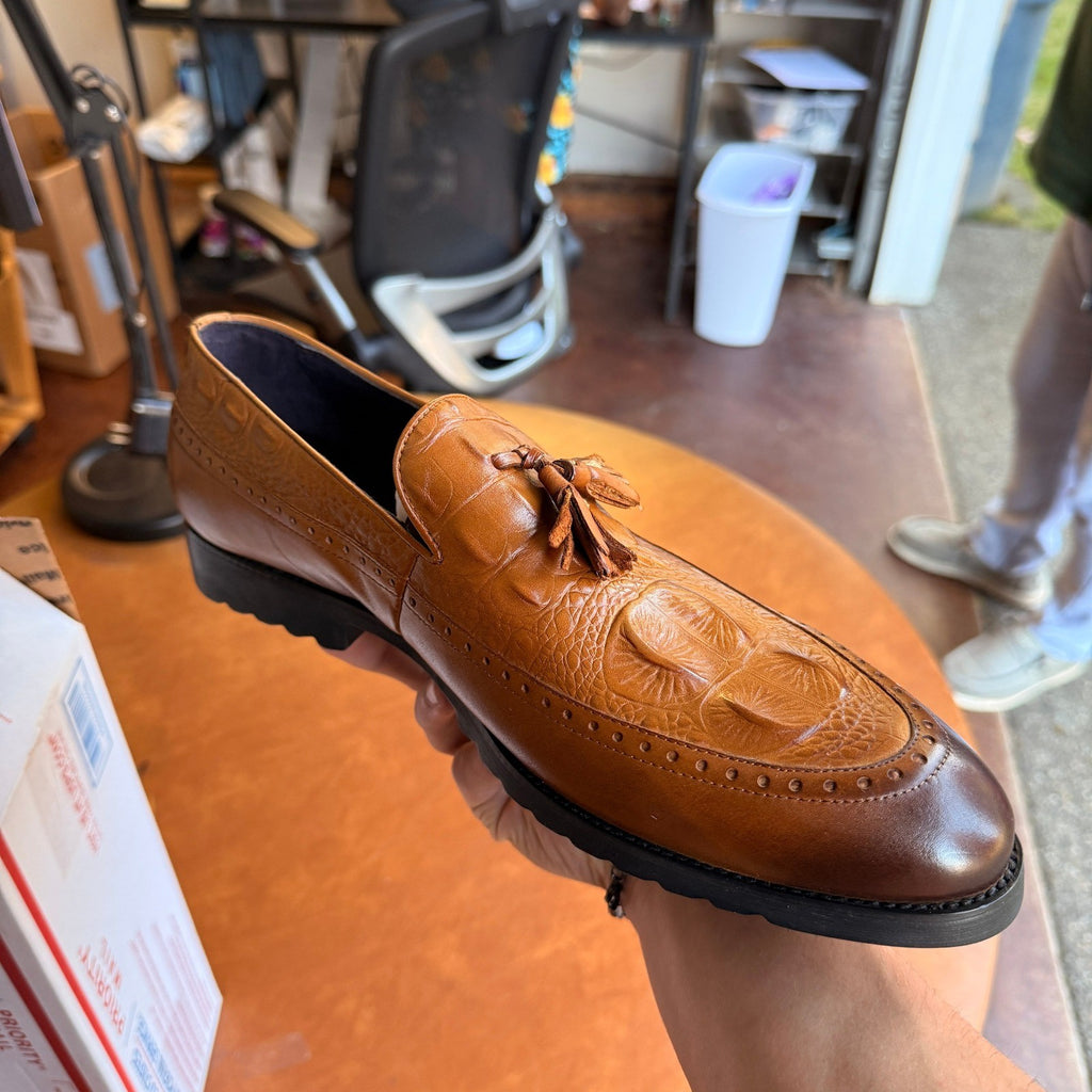 Santimon Men's US 9 Brown Leather Alligator Print Tassel Loafer Slip On Shoes