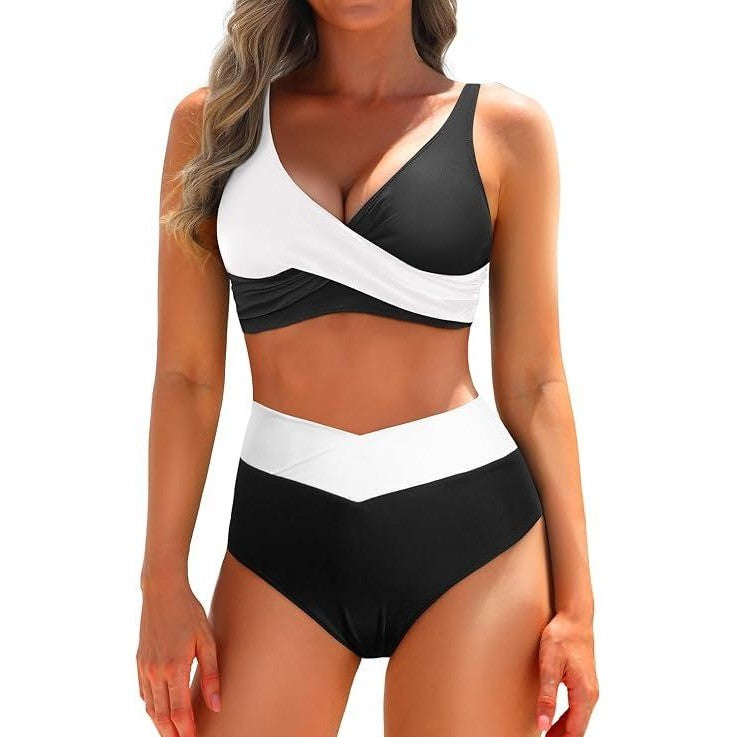 MSRP $42 Aqua Eve Womens XL Black/White 2 Piece Swimsuits High Waist Bikini Tw