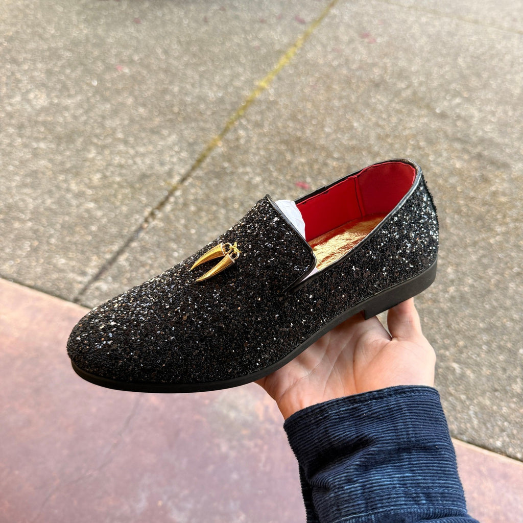 Santimon Mens US 6 Black Metal Tassels Glitter Sequin Slip On Loafers Shoes