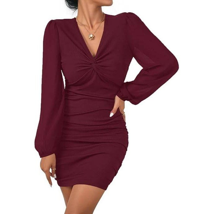 MSRP $38 Fisoew Women's XL Burgundy V Neck Party Dress Slim Fitted Long Sleeve