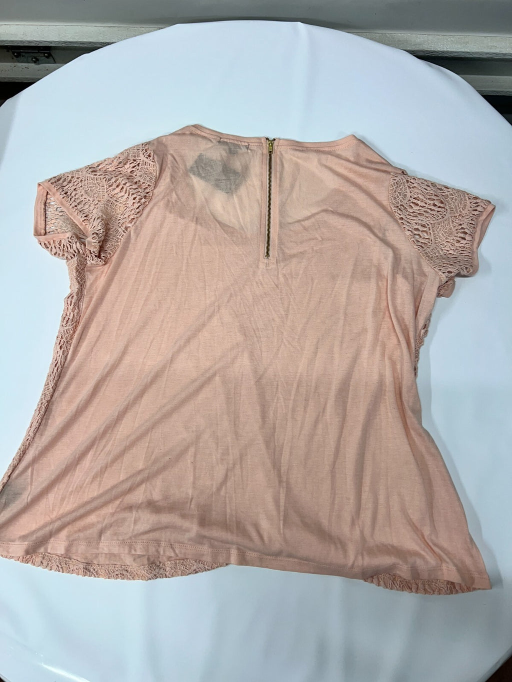 MSRP $48 Verve ami Blouse Women's Plus Sz 1X Lace Overlay Short Sleeve Peach Top