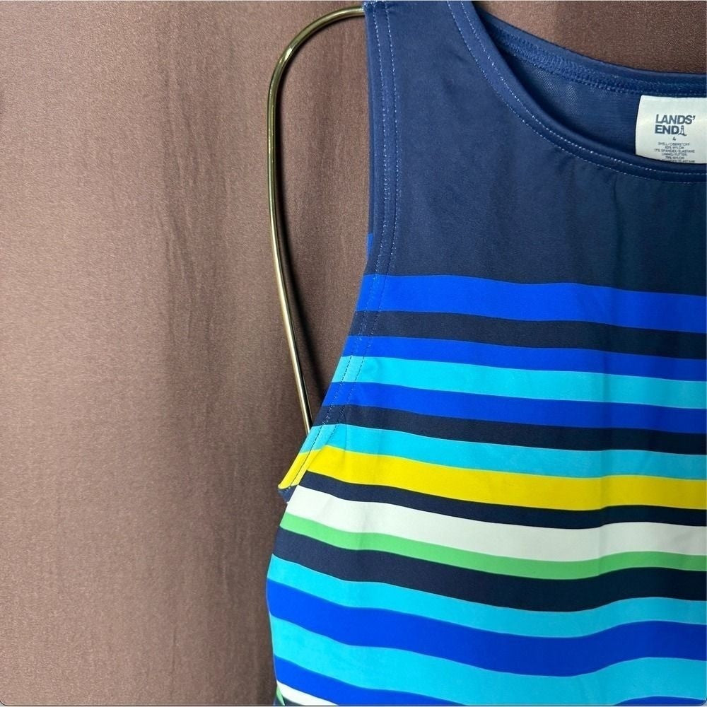 Lands' End Women's 4 Navy Striped Print High Neck Swimwear Tankini Top Chlorine