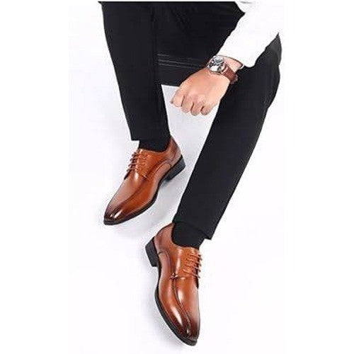 Santimon Men's US 6.5 Tan Leather Derby Shoes Lace Up Formal Business Shoes