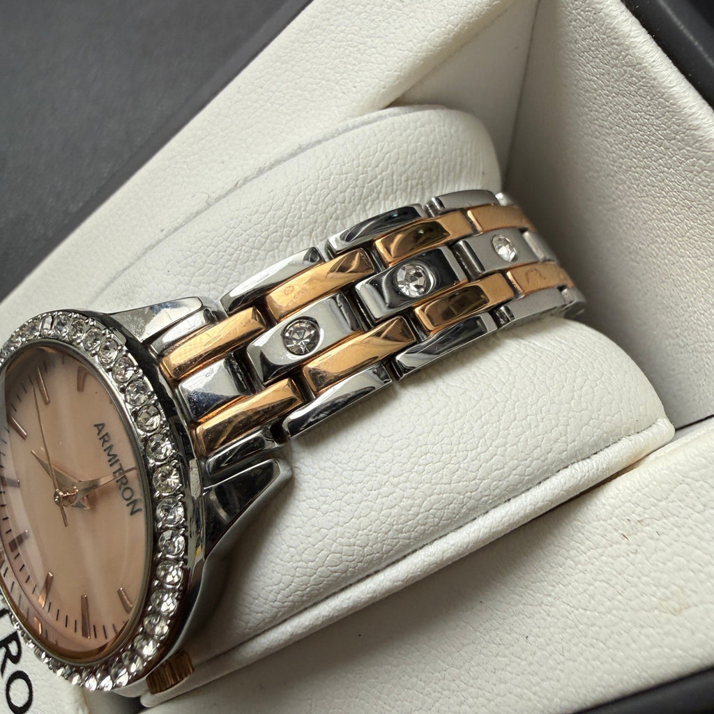 Armitron 75/5802TR Women's Silver/Rose Gold Crystal Bracelet Watch New Battery