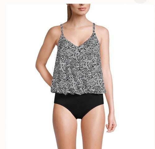 Lands End Women's XS, XS-S LONG Blouson One Piece Fauxkini Swimsuit Black Paisle
