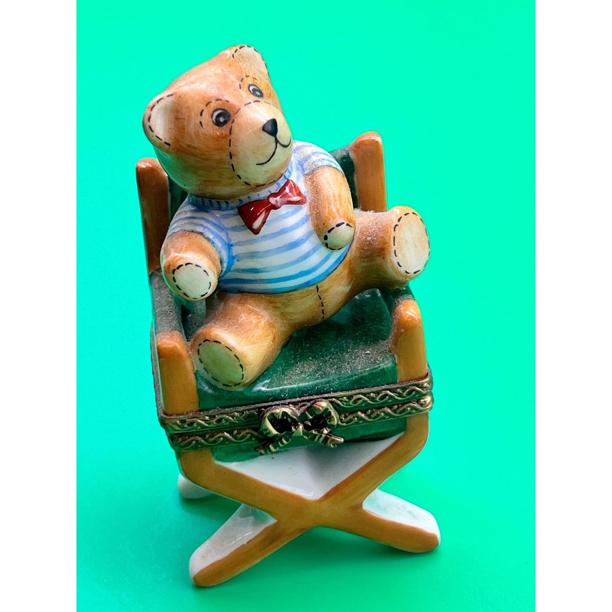 Vtg Limoges France Porcelain Teddy Bear In Director's Chair Trinket Box