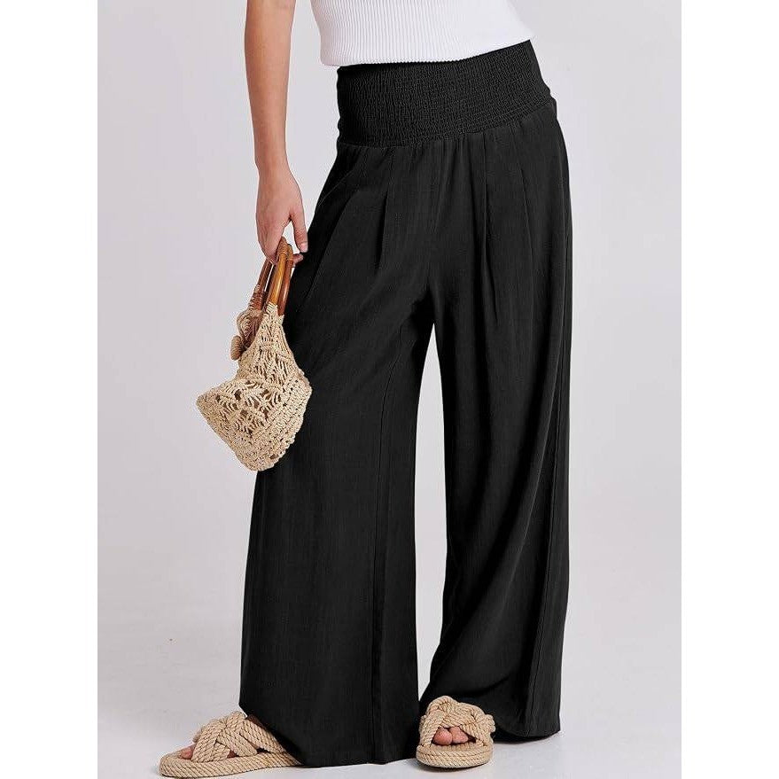 MSRP $36 ANRABESS Women's M Linen Palazzo Wide Leg Pants with Pockets Smocked