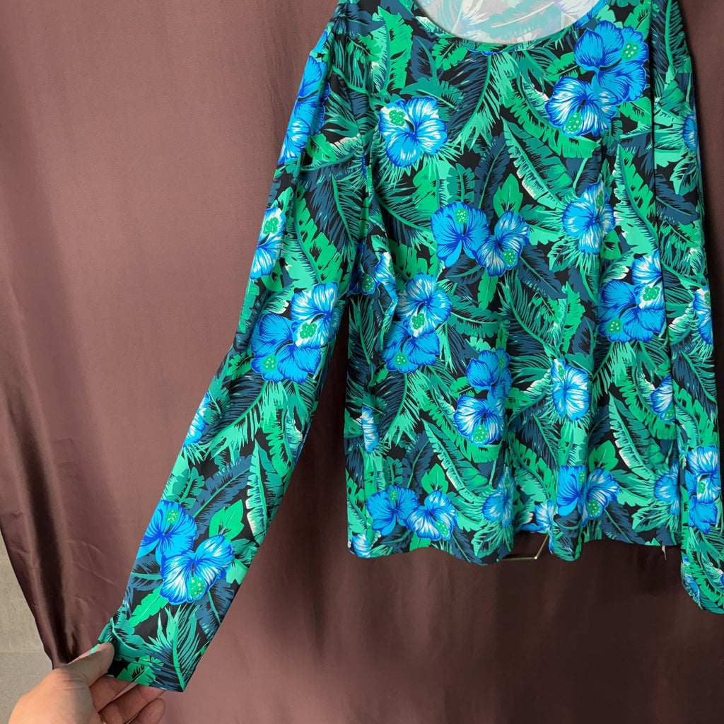 Lands' End Women's XS Green Floral Long Sleeve Crewneck Swim Rash Guard