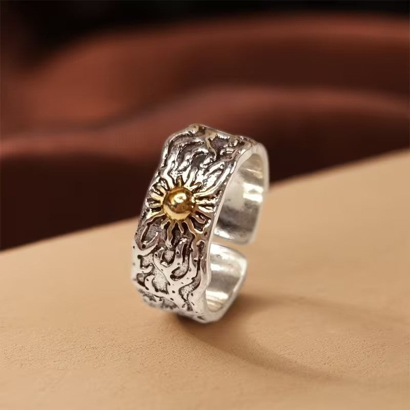 Retro Golden Sun Ring 925 Sterling Silver Mens Punk Gothic Trendy Jewelry Size 8