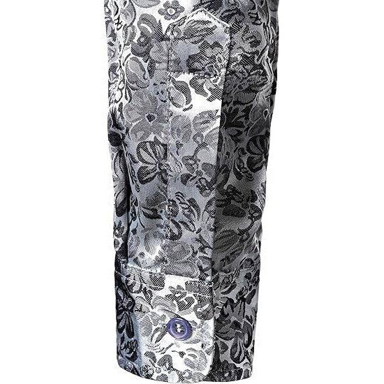 MSRP $42 ZEROYAA Men's S Silver Shiny Satin Rose Floral Jacquard Shirt Long