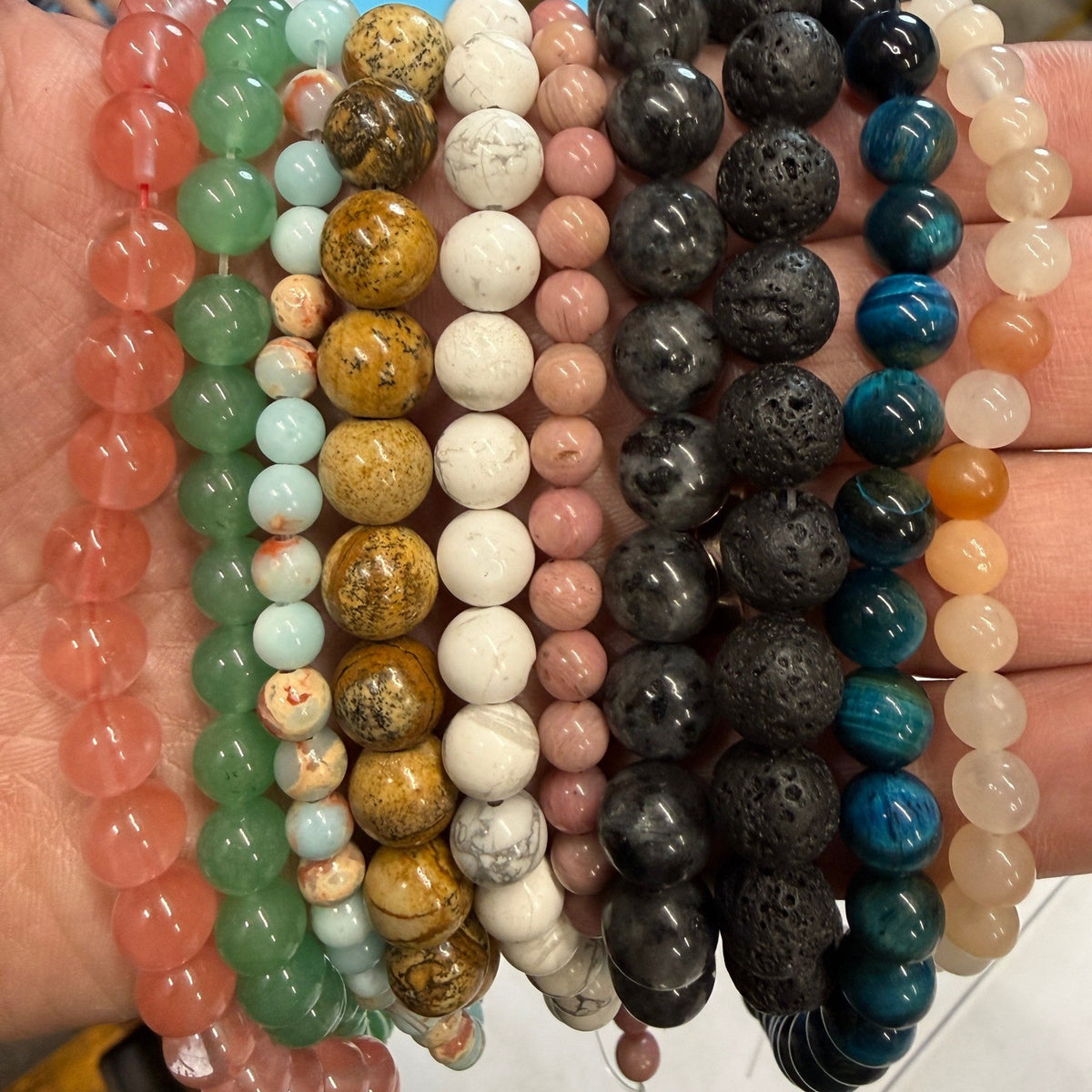 Set of 10 Natural Gemstone Round Beads Strands 15" Sizes 6,8,10 mm 14oz №B6