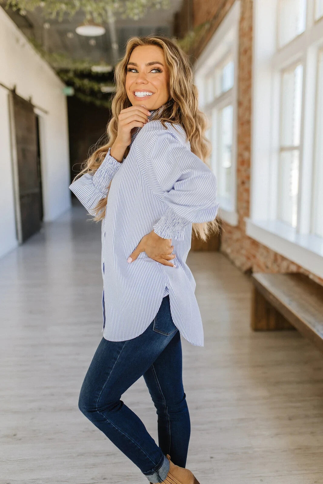 Women's Smocked Cuffed Striped Boyfriend Shirt with Pocket Casual Collar Long Sl