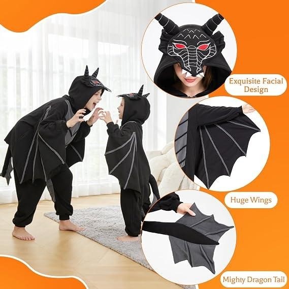 NWT Dragon Onesie, Black Sz 110 Dragon Costume Wings Hooded Halloween Cosplay