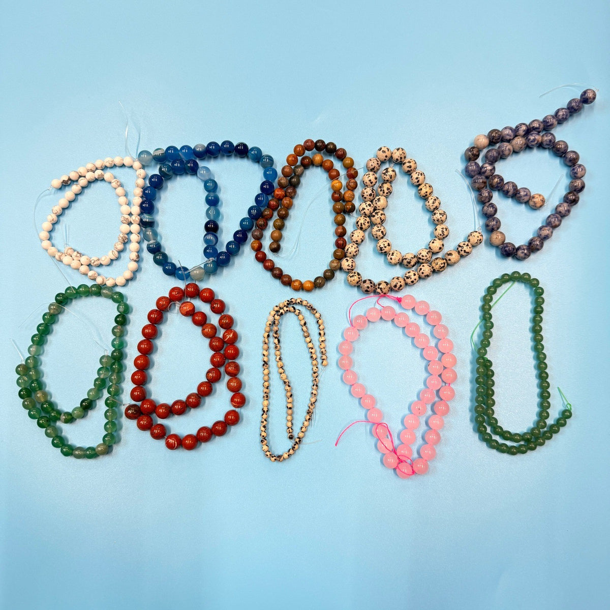 Set of 10 Natural Gemstone Round Beads Strands 15" Sizes 6,8,10 mm 14oz №B1