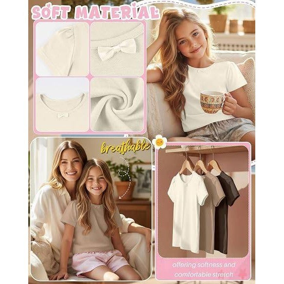 NWT LessonZoo 3 Pack Girls 9-10Y Cream/Khaki/Brown Bow Crewneck Tees Short S