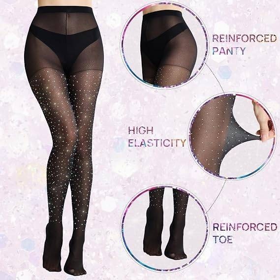 Set of 2 MANZI L-XL Black Rhinestone Sheer Tights Sparkle Shimmer Pantyhose