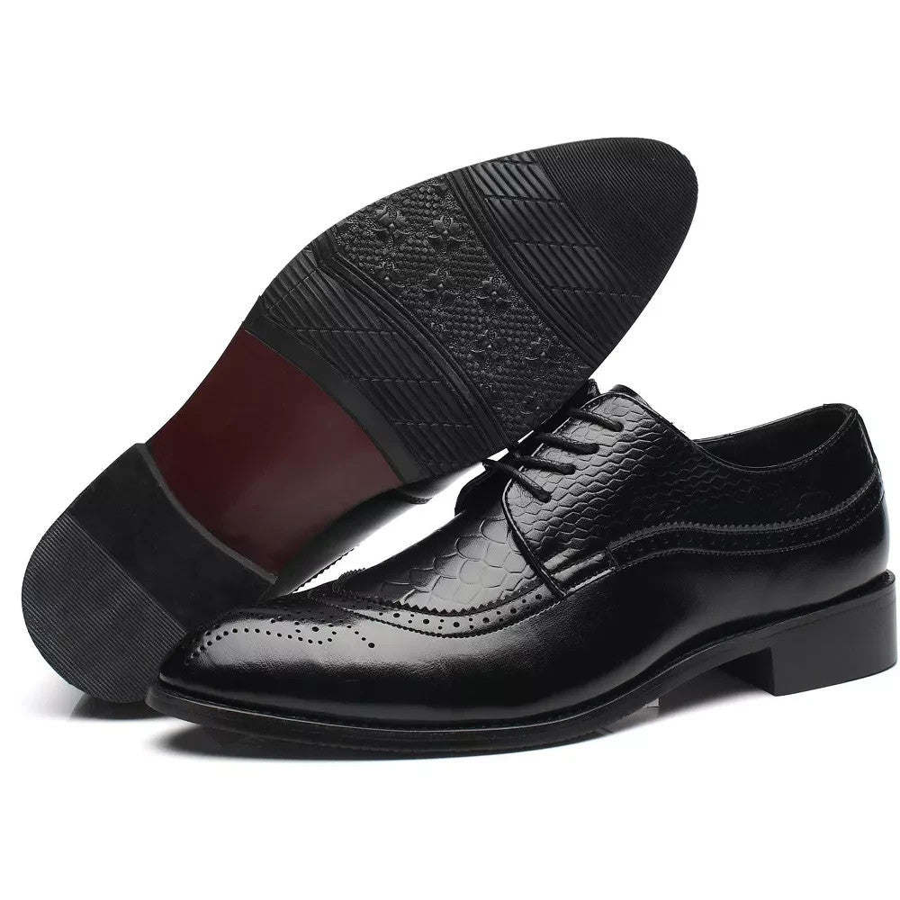 Santimon Men's US 9-12.5 Snake-Embossed Wingtip Brogue Dress Oxford Shoes Black