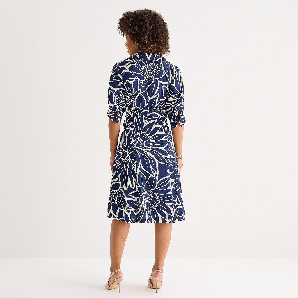MSRP $79 52seven Womens M Navy Ivory Abstract Midi Dress V Neck 3/4 Sleeve