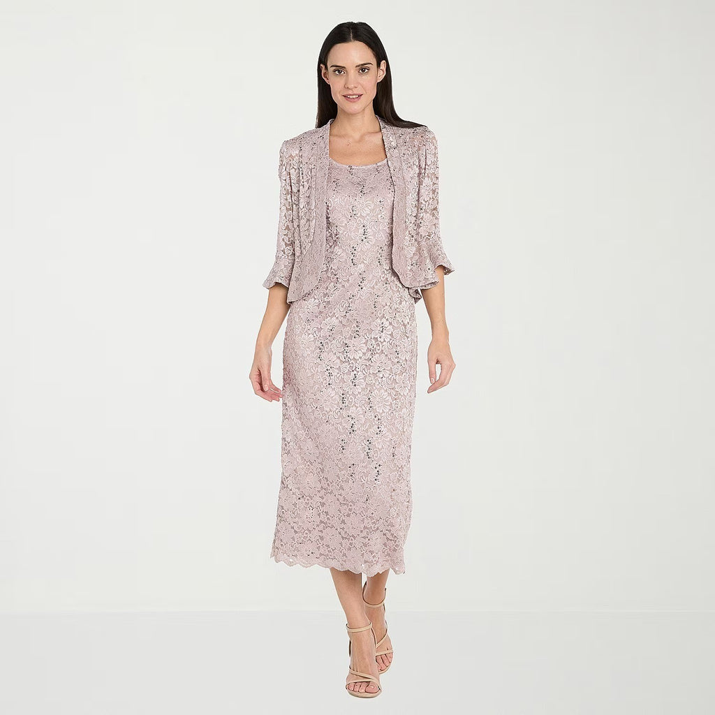 MSRP $130 R&M Richards Womens 18 Blush Midi Lace Two Piece Jacket Dress