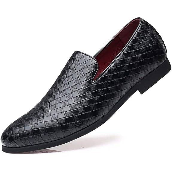 Santimon Men's US 6 Black Woven Moccasin Leather Slip-On Smoking Loafers Lightwe