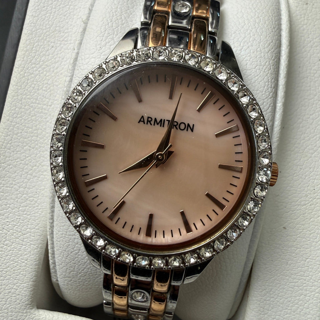 Armitron 75/5802TR Women's Silver/Rose Gold Crystal Bracelet Watch New Battery