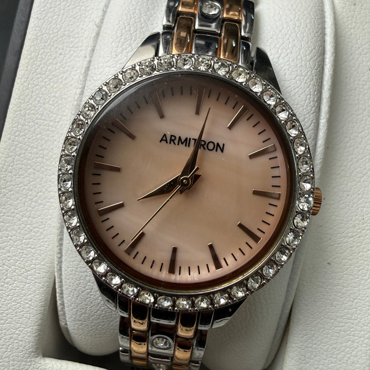 Armitron 75/5802TR Women's Silver/Rose Gold Crystal Bracelet Watch New Battery