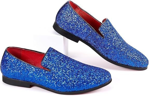Santimon Men's US 8.5, 9.5 Blue Glitter Slip On Loafers Sequin Dress Shoes