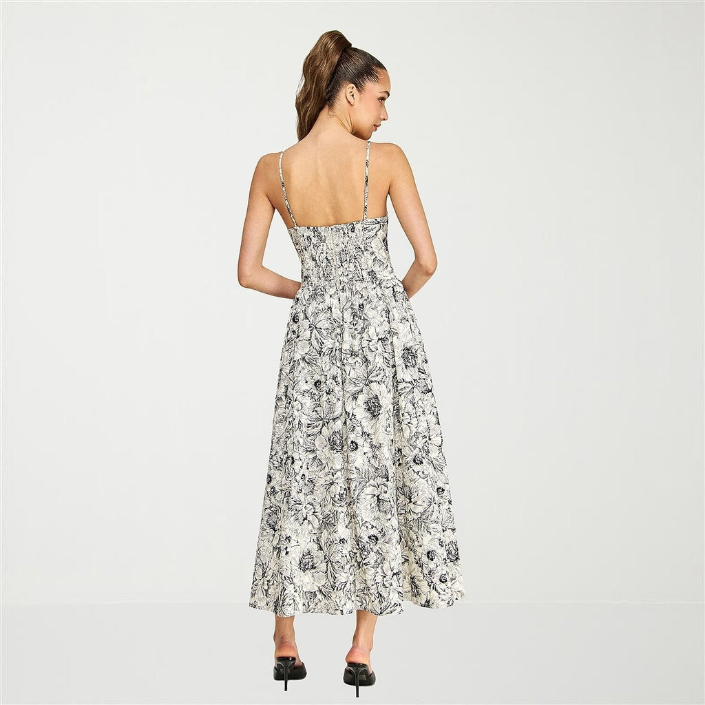 MSRP $88 Belle Vie Womens 6 Ivory Black Floral Print Poplin Midi Dress Sleeve