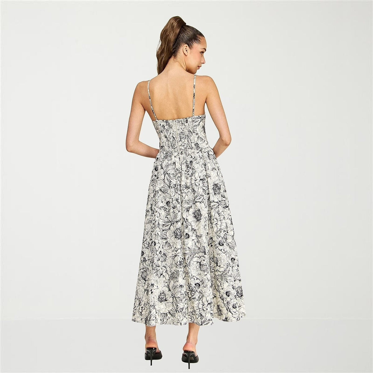 MSRP $88 Belle Vie Womens 6 Ivory Black Floral Print Poplin Midi Dress Sleeve