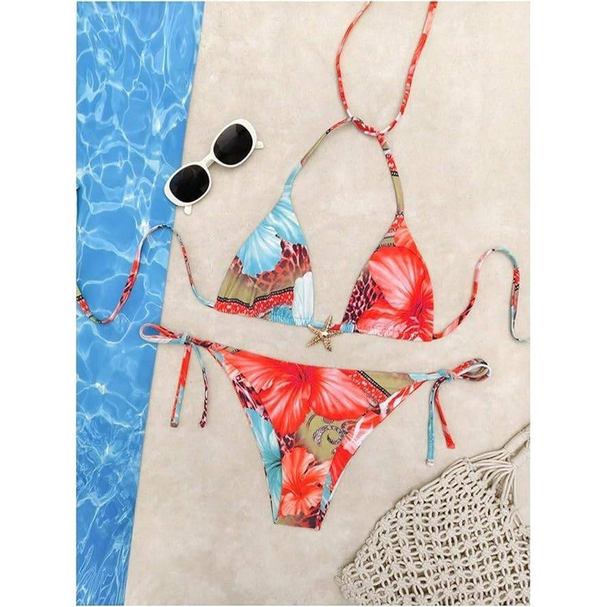 MSRP $44 RoseSeek Women's XS 2 Piece Leopard Floral Bikini Set Halter Triangle