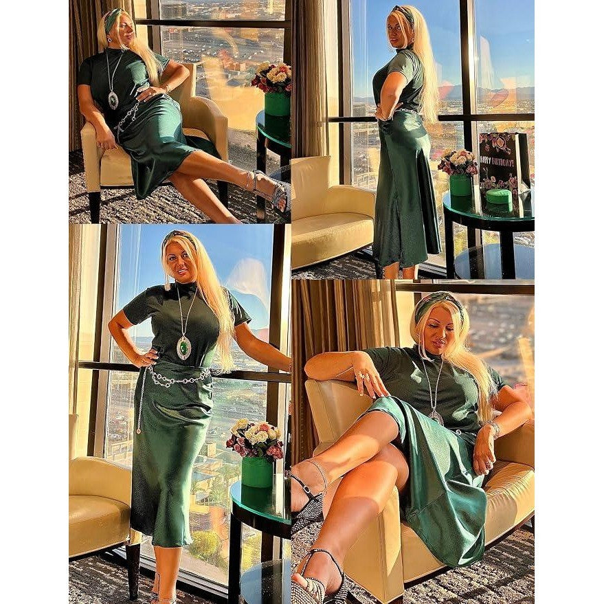 MSRP $39 Zeagoo Women's M Green Satin High Waist Elegant Midi Skirt Flowy
