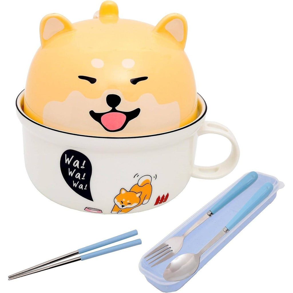 Shiba Inu Ceramic Ramen Bowl with Lid, Noodle Mug w/ Fork, Spoon & Chopsticks