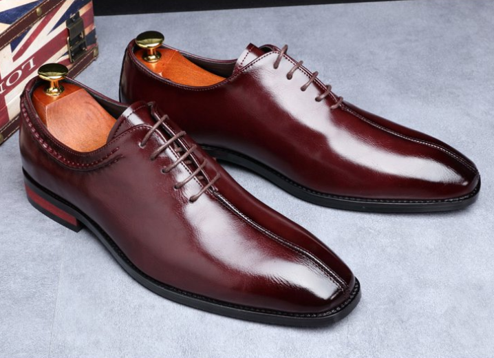 Santimon Men's US 8-9 Burgundy Wholecut Oxfords Almond Toe Lace Up Dress Shoes