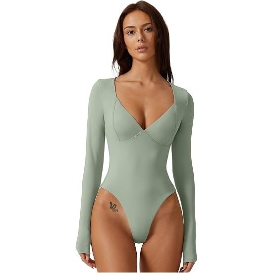 MSRP $30 QINSEN Women's XL Smoke Green Long Sleeve V Neck Body Suits Seamed Cup