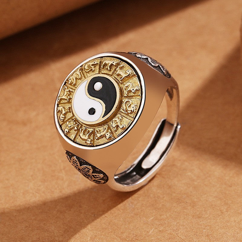 Yin Yang Chinese Horoscope Zodiac Signet Spinner Ring Stainless Steel Size 7