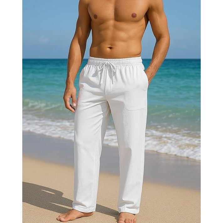 MSRP $22 PIDOGYM Mens M White Cotton Linen Beach Casual Pajama Pants w/ Pockets