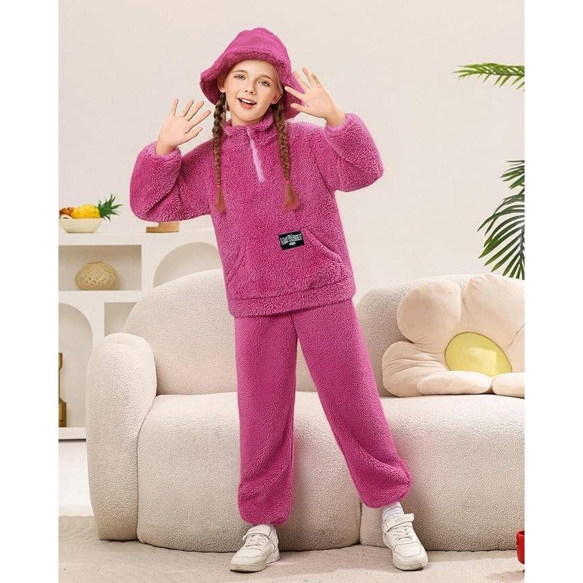MSRP $32 Latnnut Girls 9-10 Years Fuzzy Pants Set Quarter-zip Sweatshirt w/ Kan