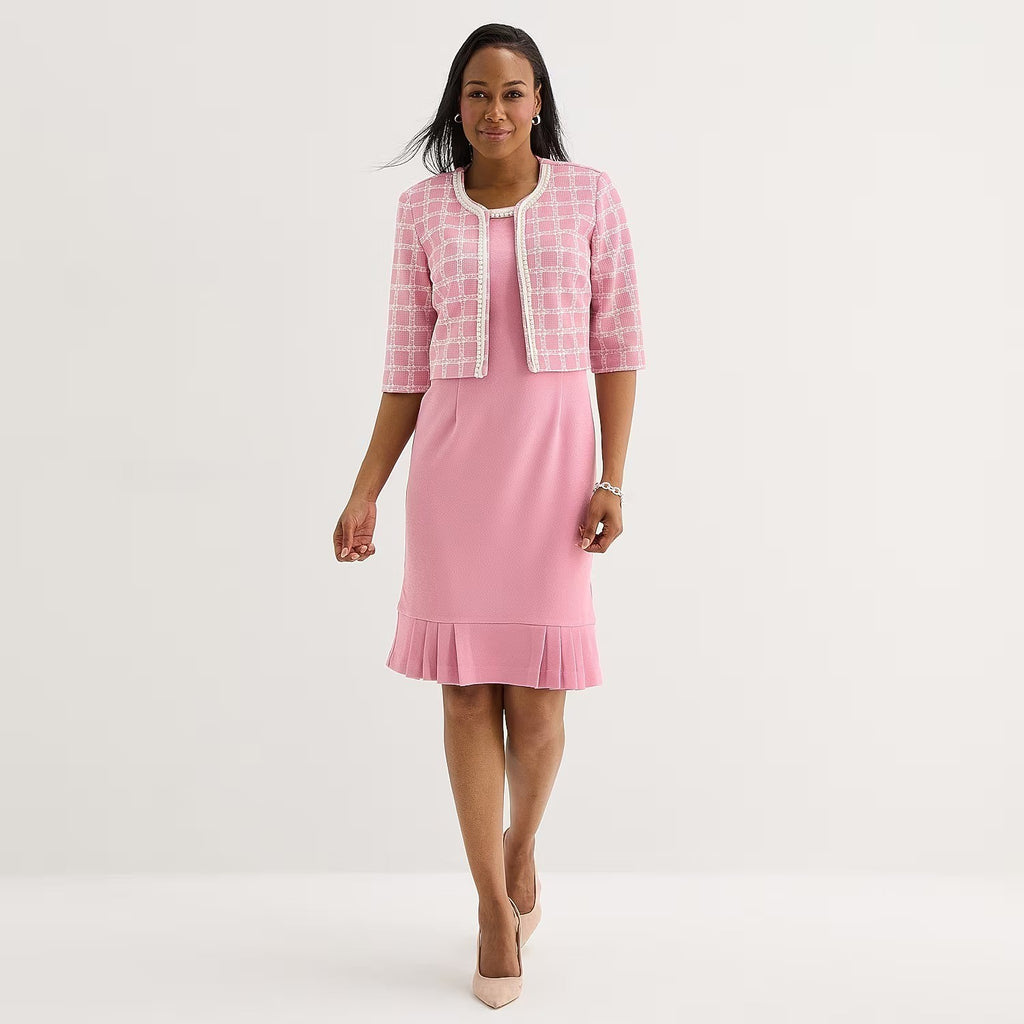 MSRP $94 Maya Brooke Womens 10 Blush/White Grid Jacket Dress Crepe Pearl Trim