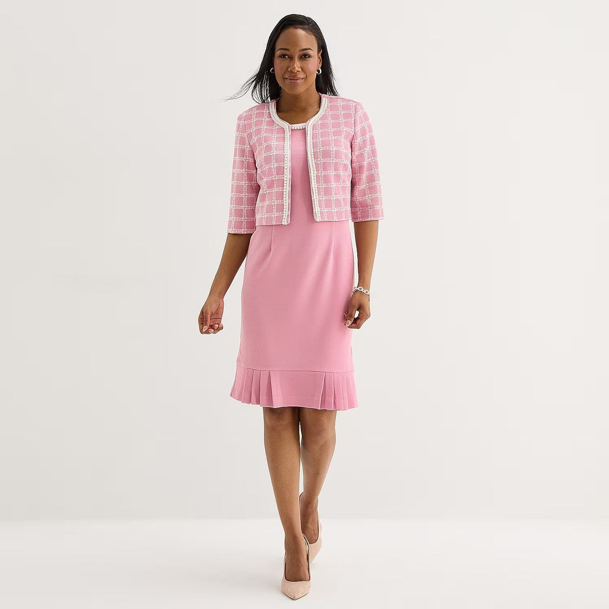 MSRP $94 Maya Brooke Womens 10 Blush/White Grid Jacket Dress Crepe Pearl Trim