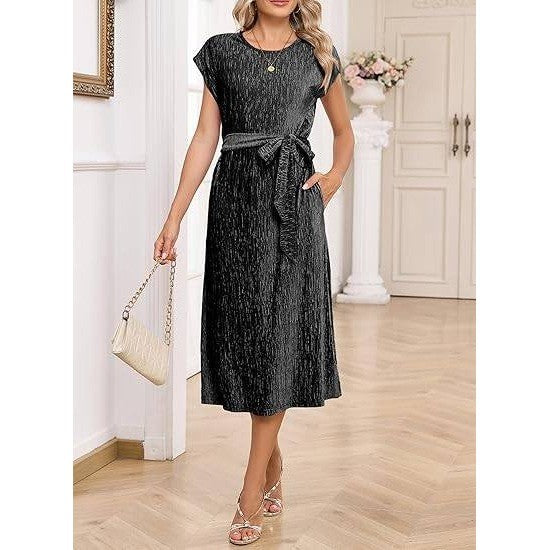 Happy Sailed L Black Sleeveless Crewneck Velvet Casual Midi Dress with Pockets