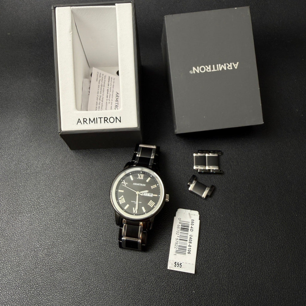 MSRP $95 Armitron 20/4935TB Men's Day/Date Black/Silver Tone Bracelet Watch Ne