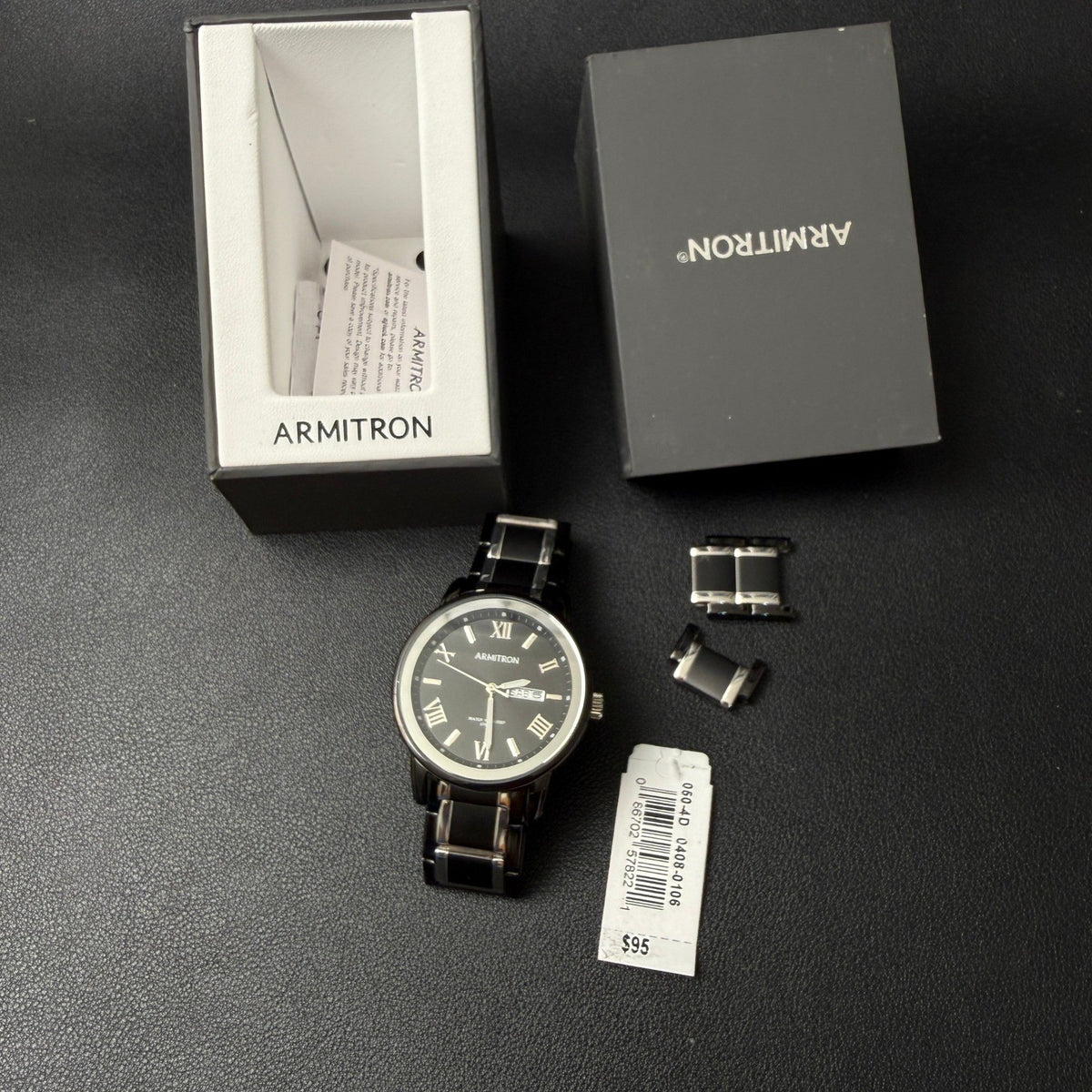 MSRP $95 Armitron 20/4935TB Men's Day/Date Black/Silver Tone Bracelet Watch Ne