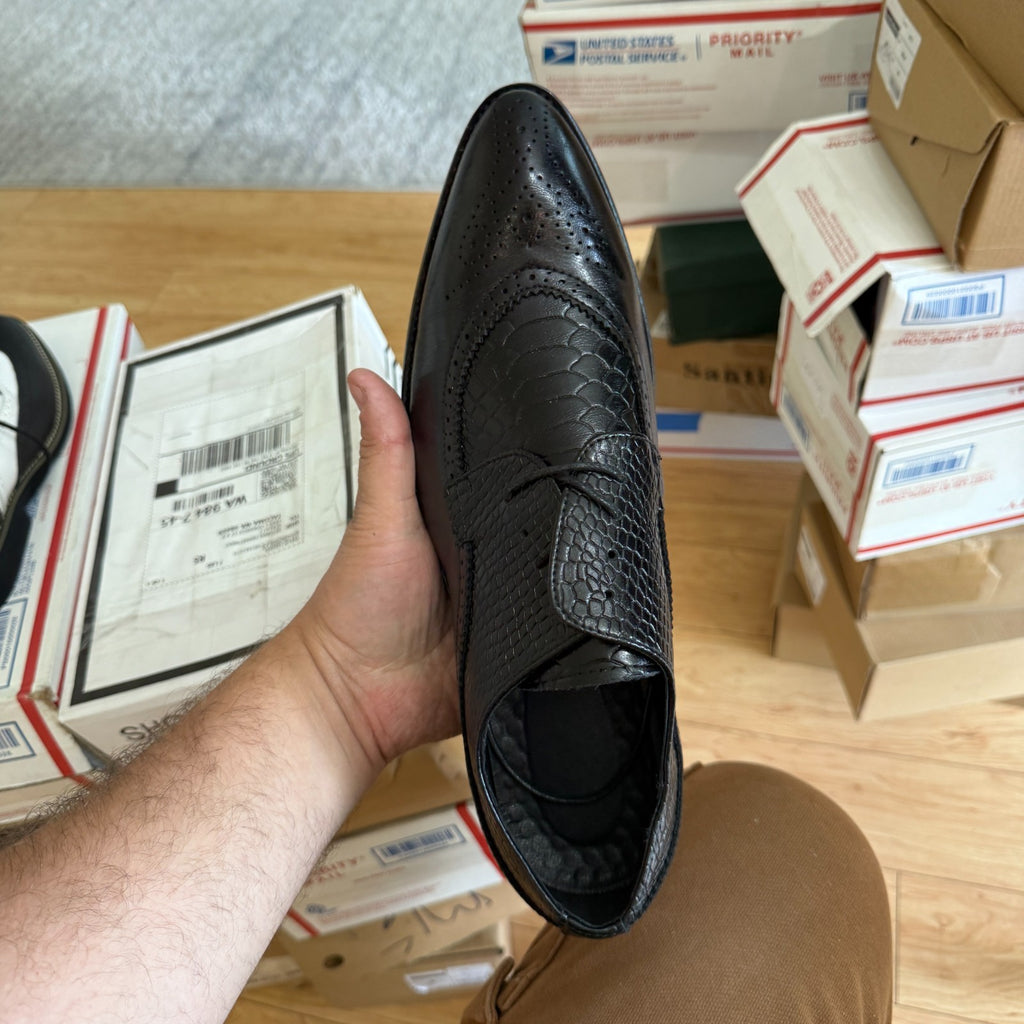 Santimon Men's US 9-12.5 Snake-Embossed Wingtip Brogue Dress Oxford Shoes Black