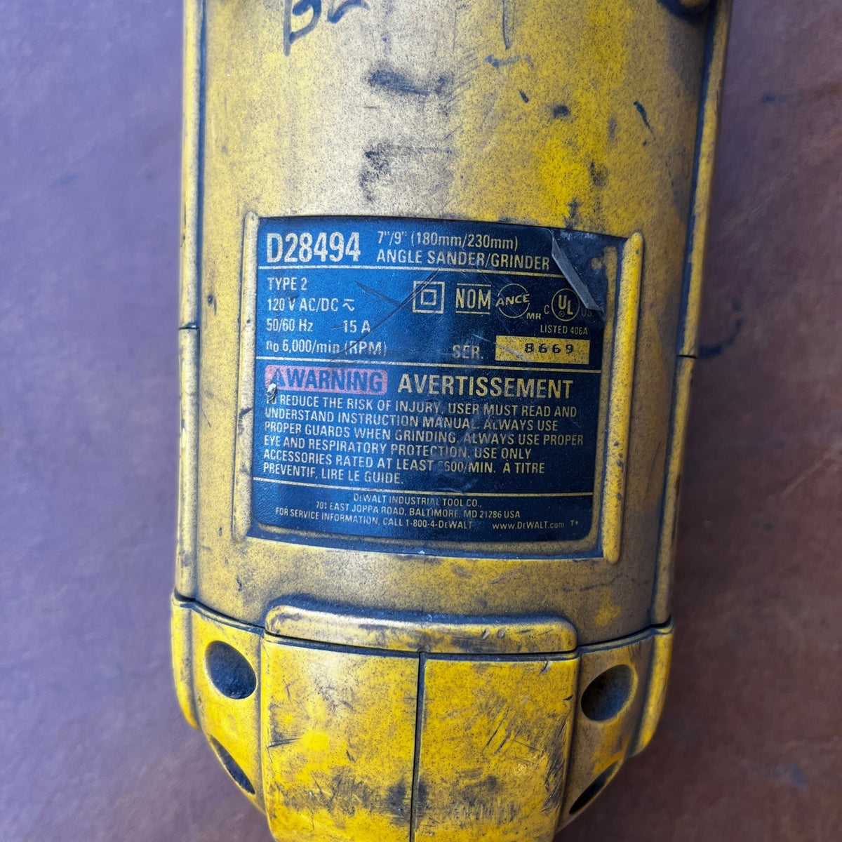 DeWalt D28494 7"/9" Angle Sander/Grinder 6000 RPM 120V 15A Corded