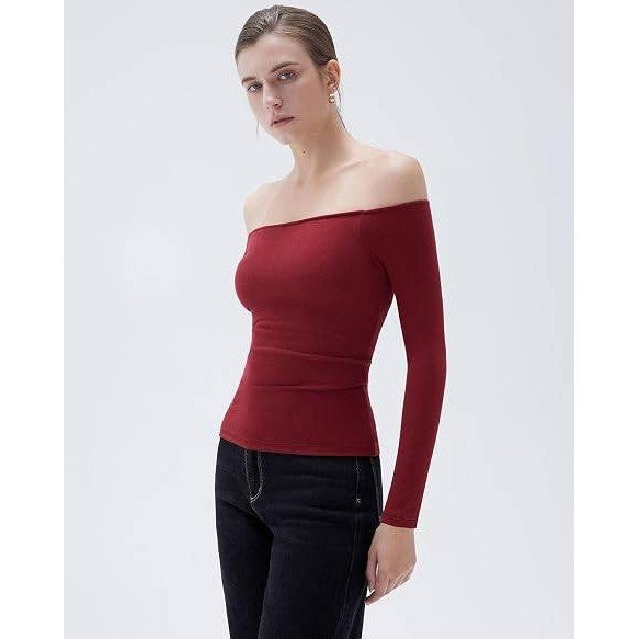 MSRP $32 SUUKSESS Women's S Wine Red Padded Off The Shoulder Tops Long Sleeve