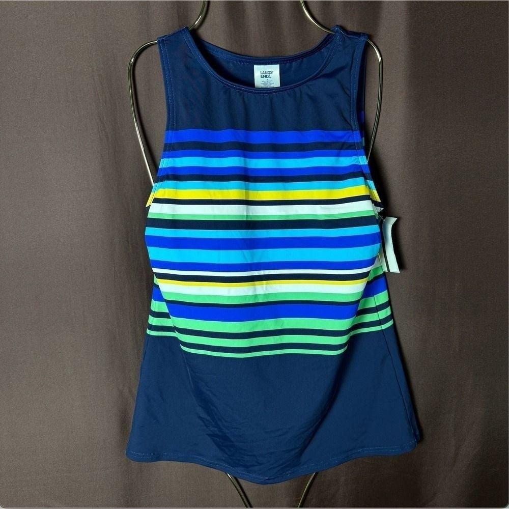 Lands' End Women's 4 Navy Striped Print High Neck Swimwear Tankini Top Chlorine