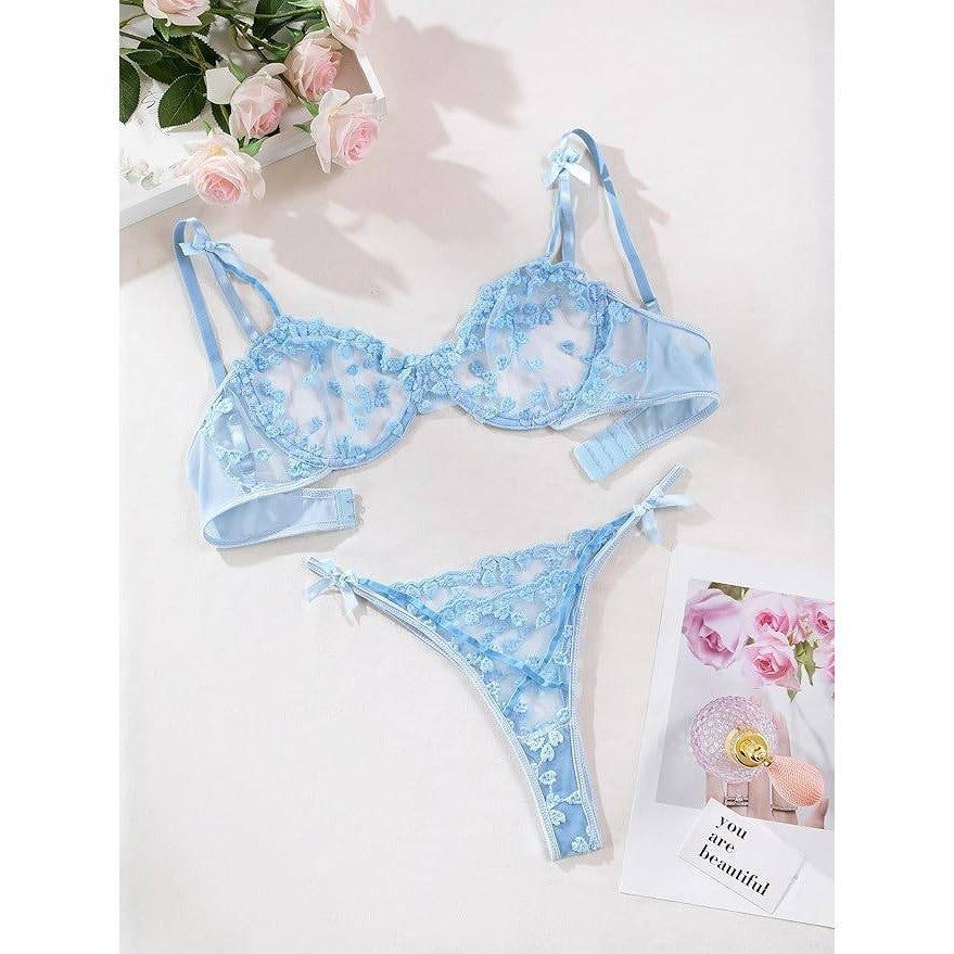 MSRP $26 Lilosy Women's L Sexy Underwire Cute Push Up Strappy Embroidered Mes