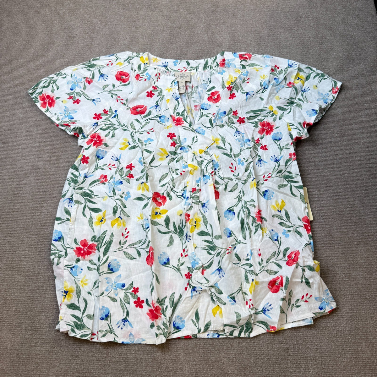 MSRP $44 St. John's Bay Womens L, XL Tall White Multi Floral V Neck Blouse Short